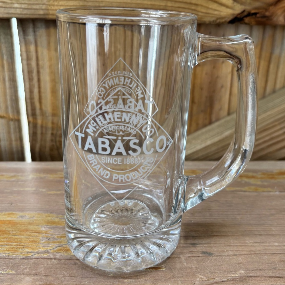 Tabasco Beer Mug with Double Sided Etched Glass Logo Size 12oz